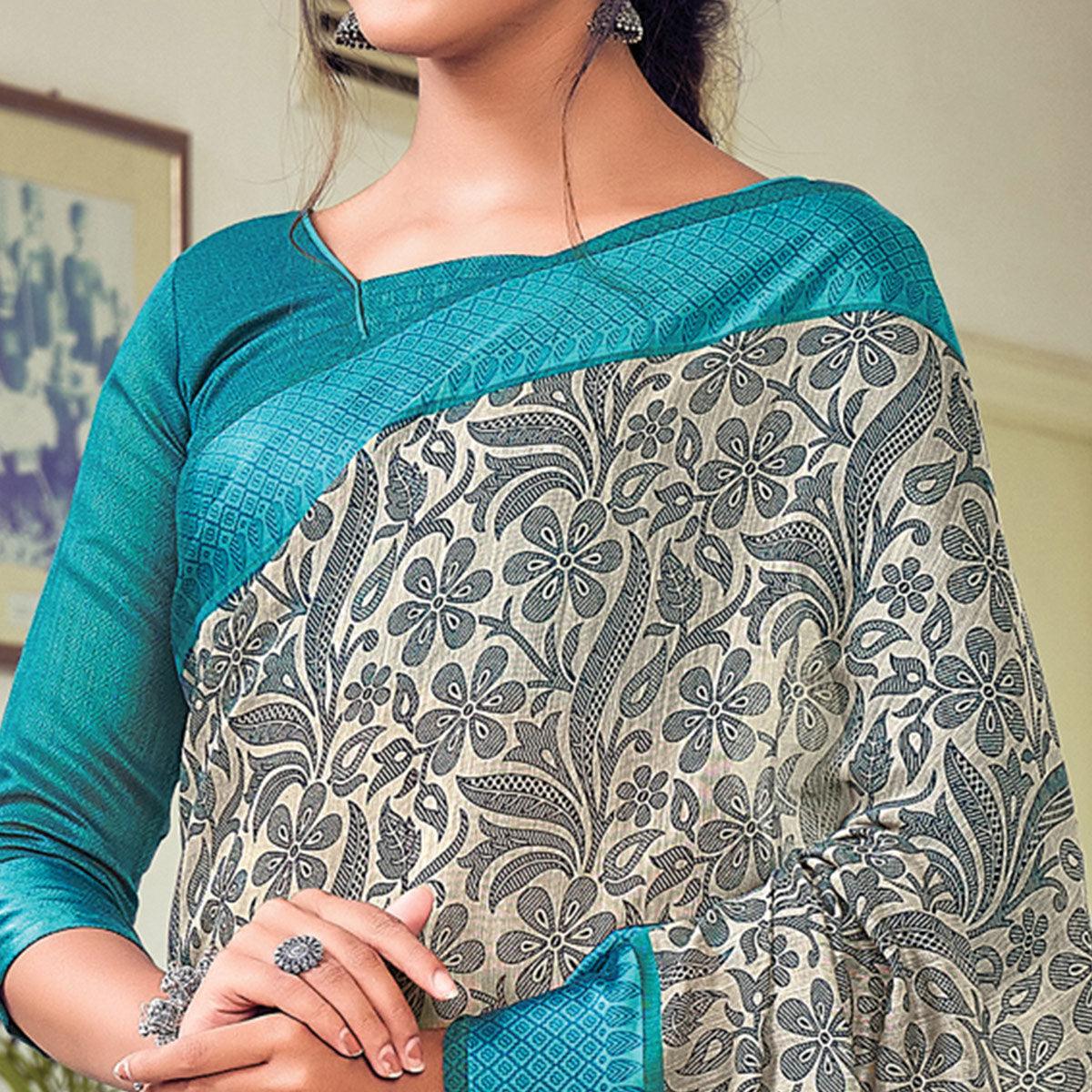 Cream & Grey Casual Wear Printed Cotton Saree