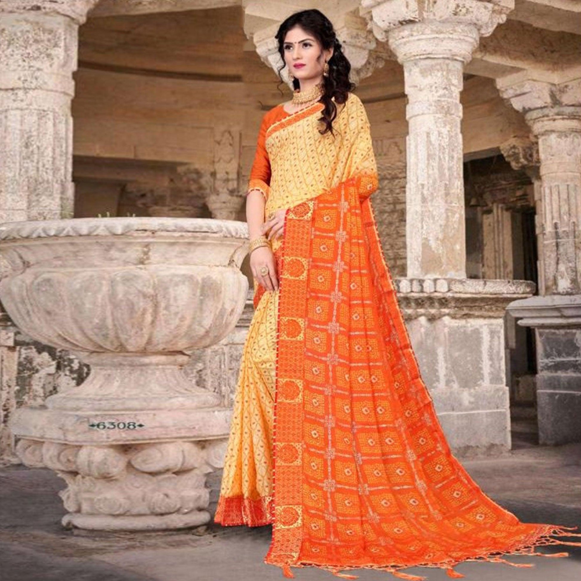 Cream & Orange Festive Wear Bandhani Printed Chiffon Saree With Diamond Border