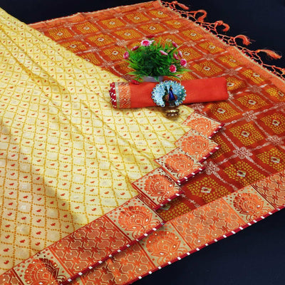 Cream & Orange Festive Wear Bandhani Printed Chiffon Saree With Diamond Border