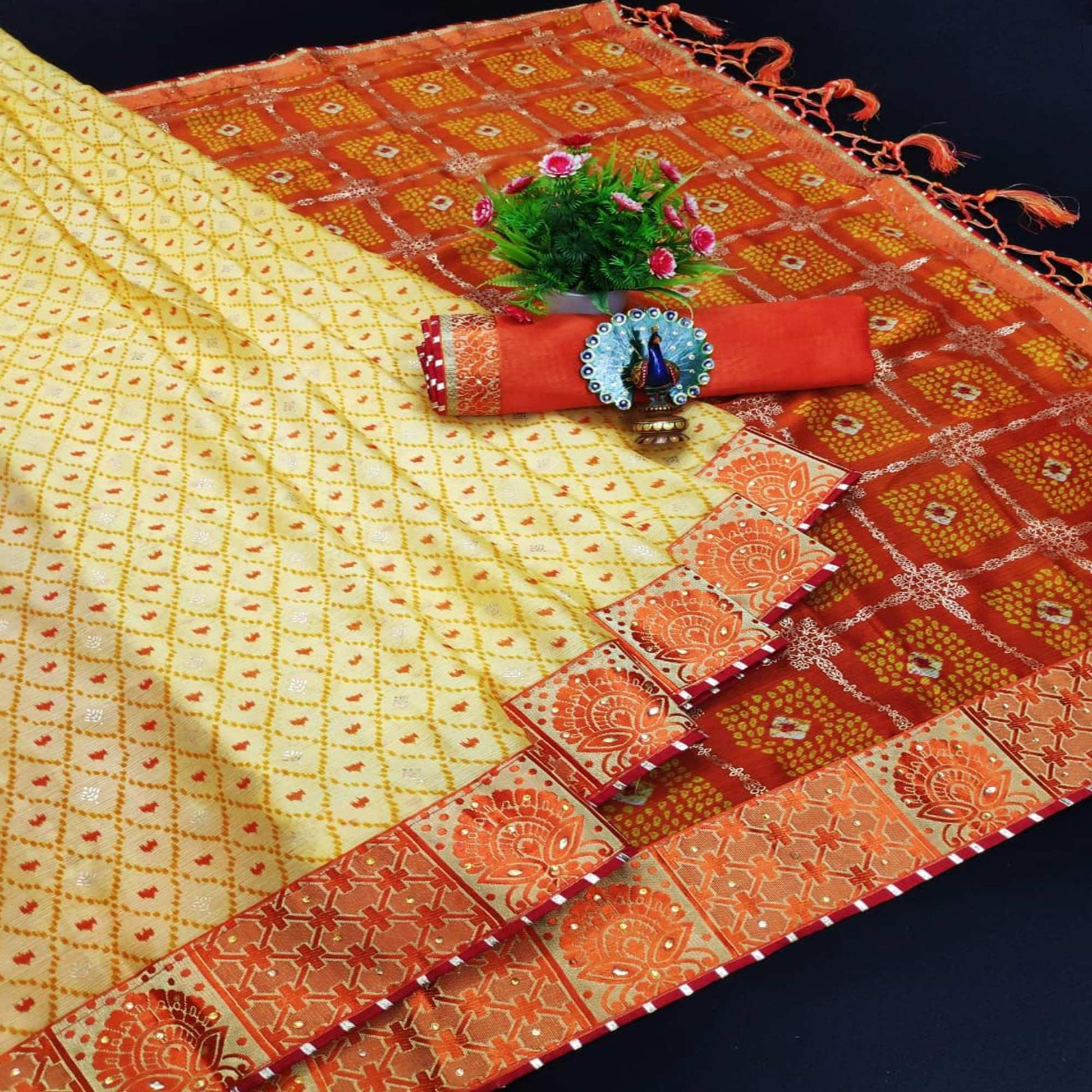 Cream & Orange Festive Wear Bandhani Printed Chiffon Saree With Diamond Border