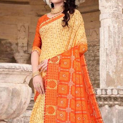 Cream & Orange Festive Wear Bandhani Printed Chiffon Saree With Diamond Border