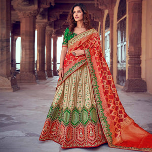 Cream & Red Wedding Wear Woven & Embroidered Silk Lehenga Choli