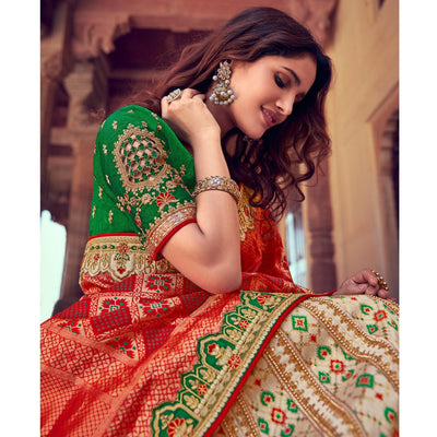 Cream & Red Wedding Wear Woven & Embroidered Silk Lehenga Choli