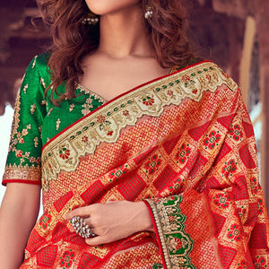 Cream & Red Wedding Wear Woven & Embroidered Silk Lehenga Choli