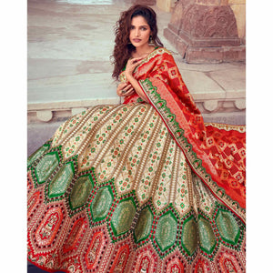 Cream & Red Wedding Wear Woven & Embroidered Silk Lehenga Choli