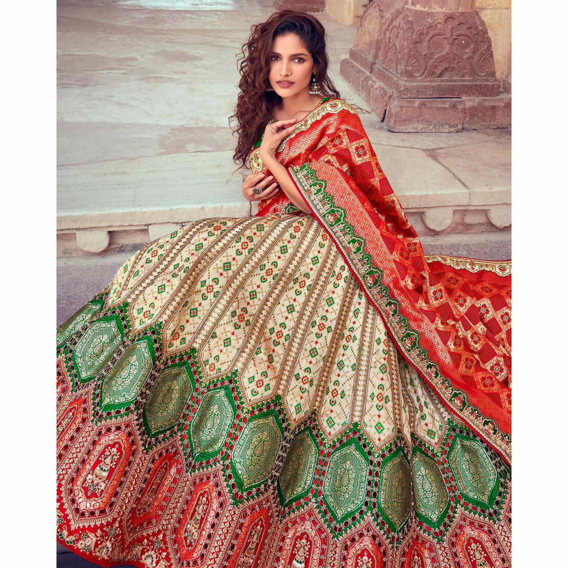 Cream & Red Wedding Wear Woven & Embroidered Silk Lehenga Choli