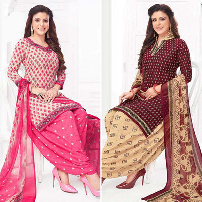 Cream And Wine Patiala Crepe Dress Material Pack Of 2