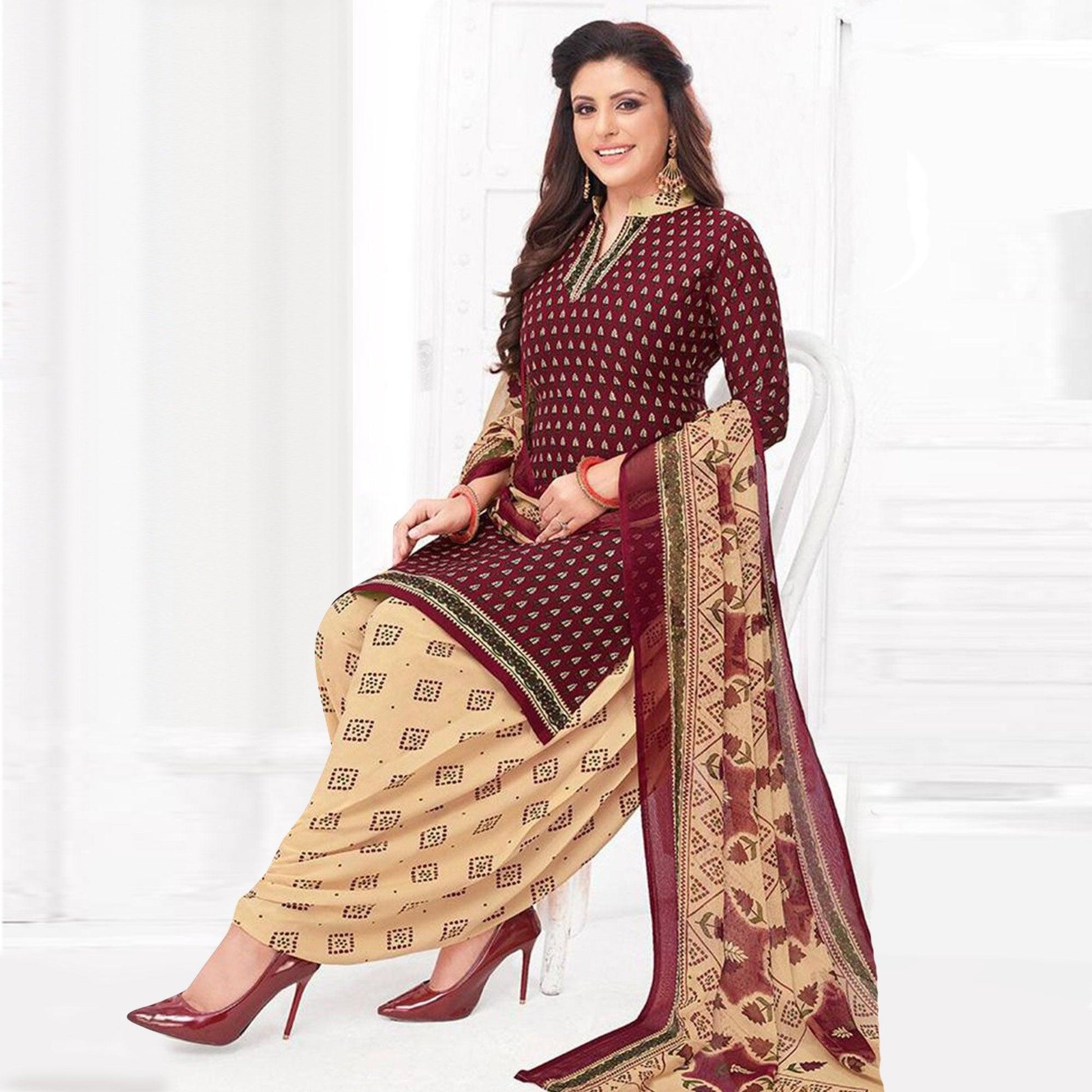 Cream And Wine Patiala Crepe Dress Material Pack Of 2