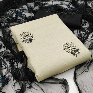 Cream - Black Casual Wear Floral Embroidered Cotton Dress Material