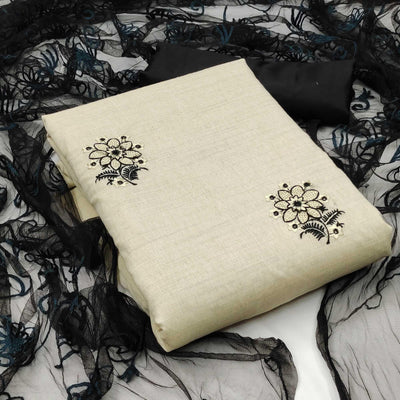 Cream - Black Casual Wear Floral Embroidered Cotton Dress Material