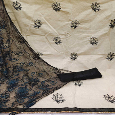 Cream - Black Casual Wear Floral Embroidered Cotton Dress Material