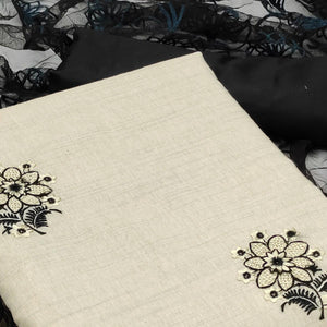 Cream - Black Casual Wear Floral Embroidered Cotton Dress Material