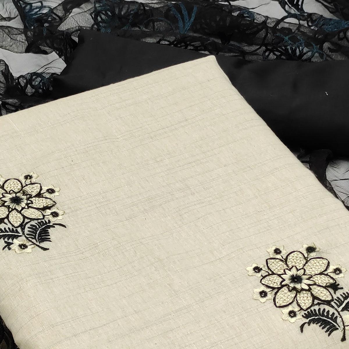 Cream - Black Casual Wear Floral Embroidered Cotton Dress Material