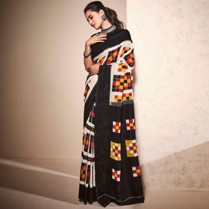 Cream-Black Casual Wear Ikkat Printed Mul Mul Cotton Saree