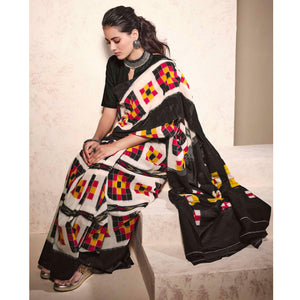Cream-Black Casual Wear Ikkat Printed Mul Mul Cotton Saree