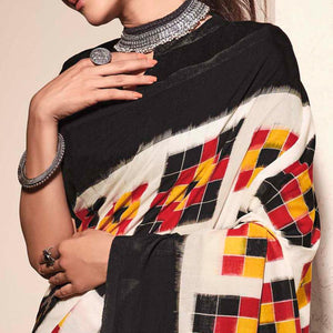 Cream-Black Casual Wear Ikkat Printed Mul Mul Cotton Saree