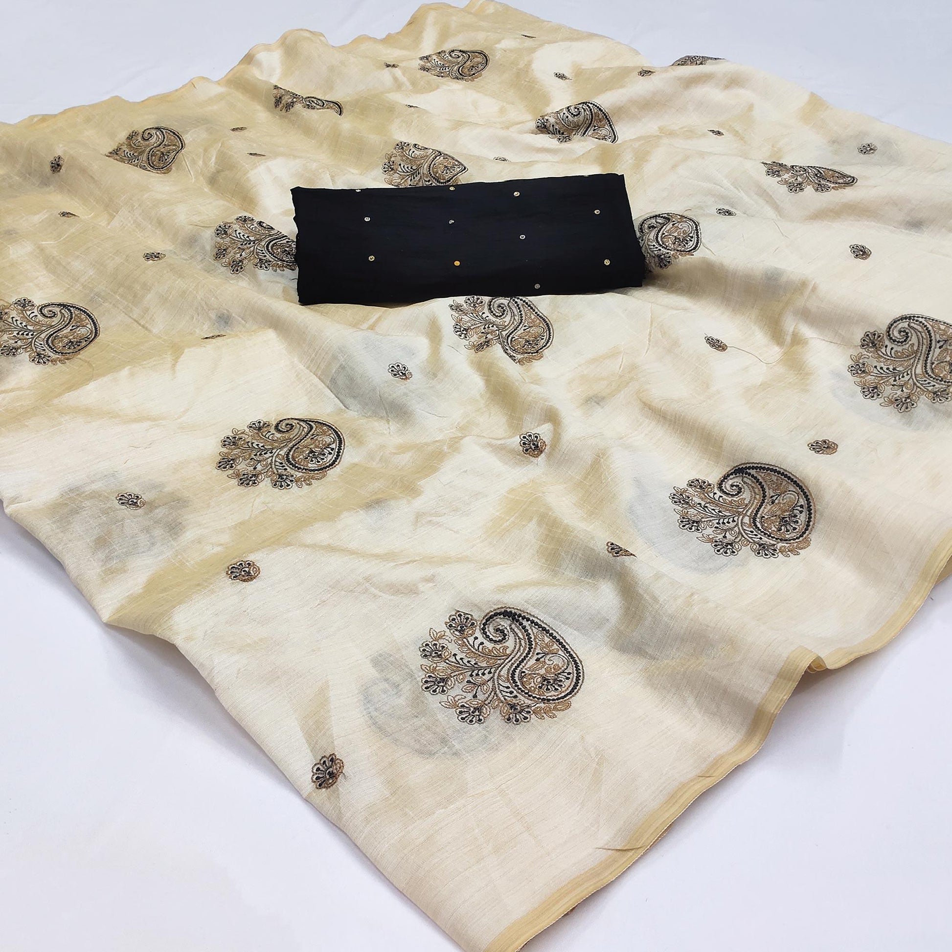 Cream-Black Embroidered Assam Silk Saree