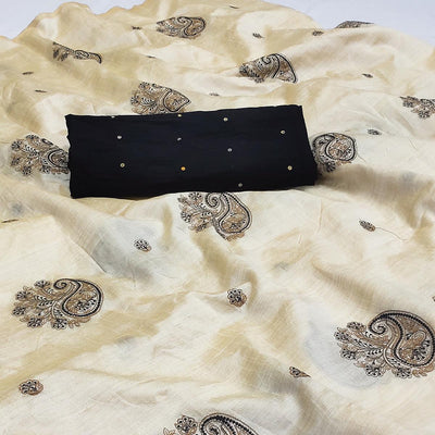 Cream-Black Embroidered Assam Silk Saree