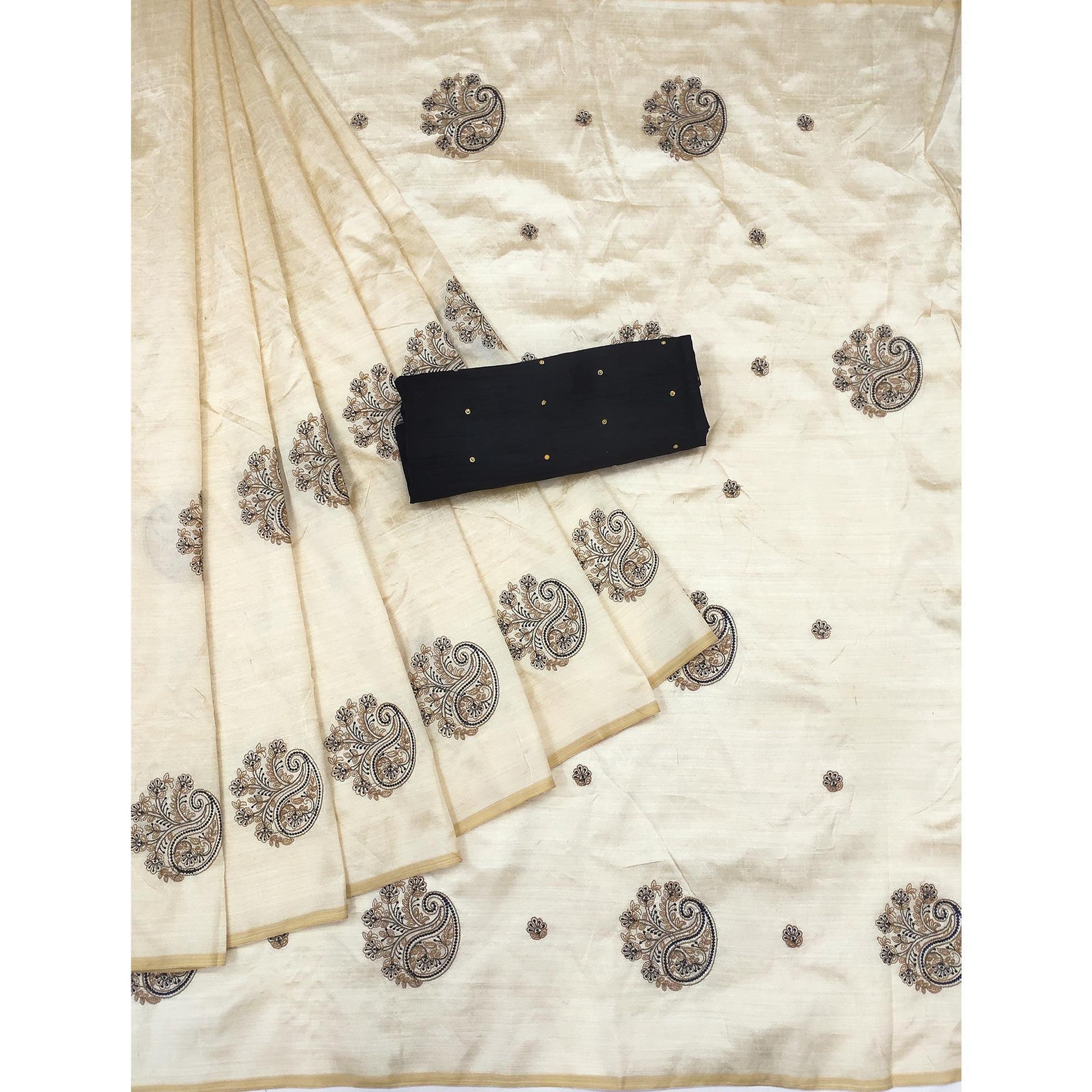 Cream-Black Embroidered Assam Silk Saree