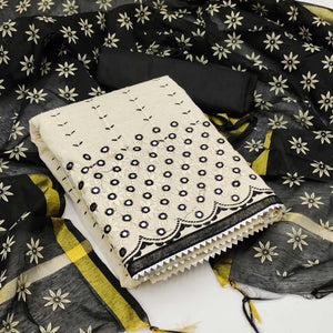 Cream - Black Festive Wear Embroidery With Mirror Work Cotton Dress Material