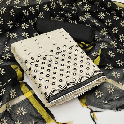 Cream - Black Festive Wear Embroidery With Mirror Work Cotton Dress Material