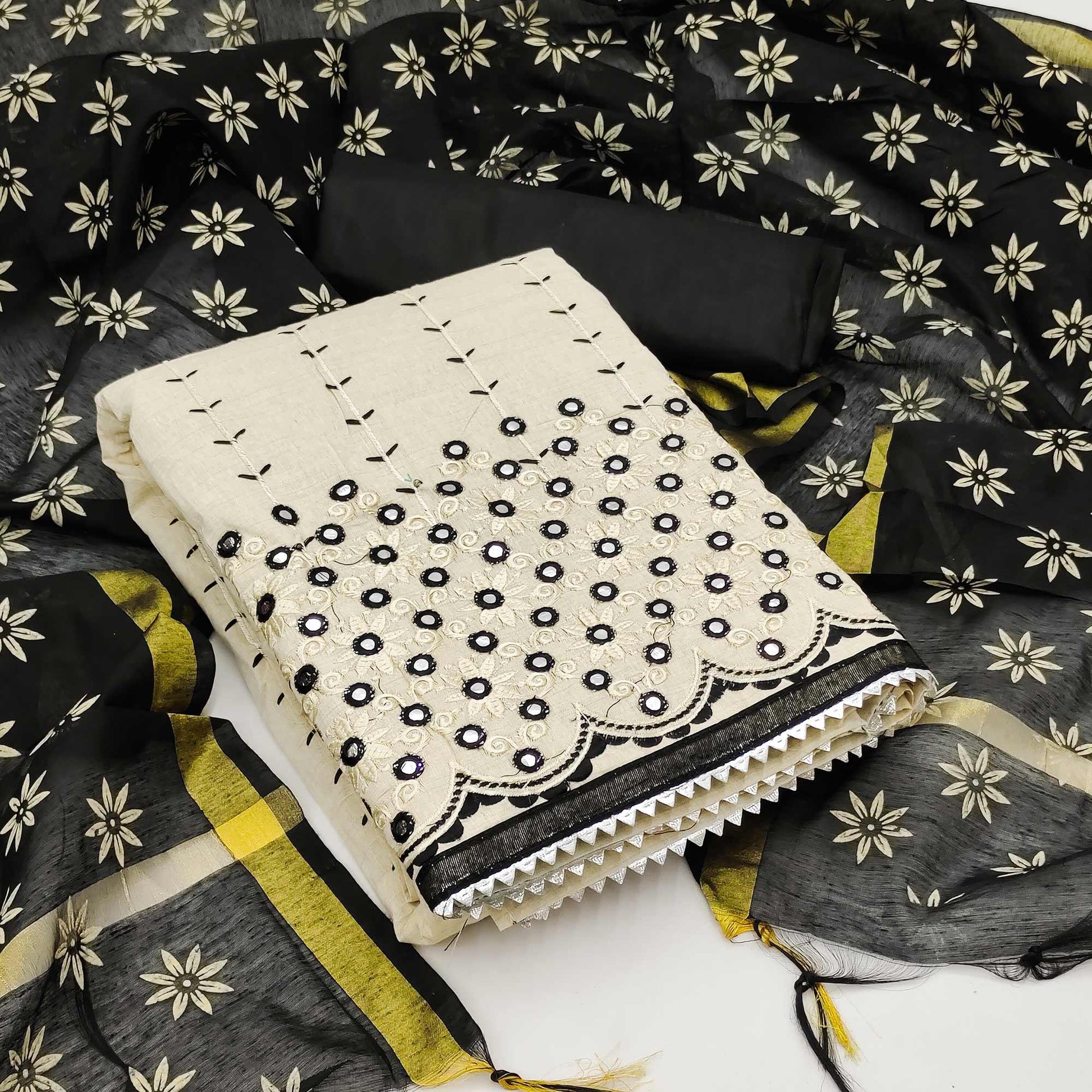 Cream - Black Festive Wear Embroidery With Mirror Work Cotton Dress Material