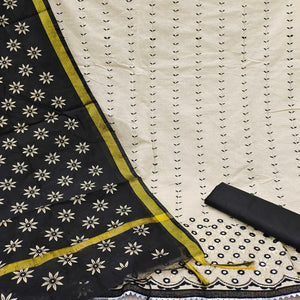 Cream - Black Festive Wear Embroidery With Mirror Work Cotton Dress Material
