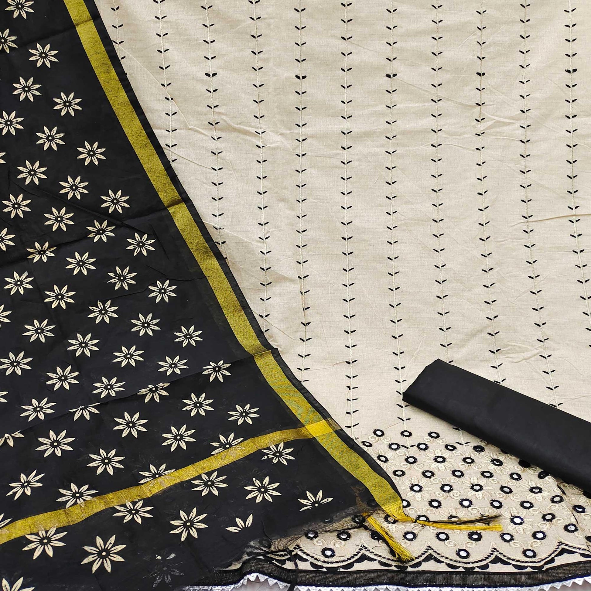 Cream - Black Festive Wear Embroidery With Mirror Work Cotton Dress Material