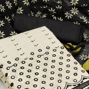 Cream - Black Festive Wear Embroidery With Mirror Work Cotton Dress Material
