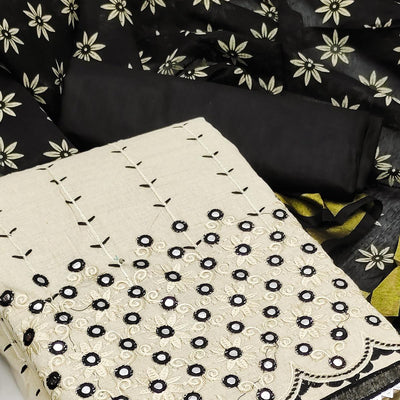 Cream - Black Festive Wear Embroidery With Mirror Work Cotton Dress Material