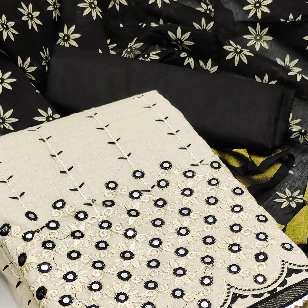 Cream - Black Festive Wear Embroidery With Mirror Work Cotton Dress Material