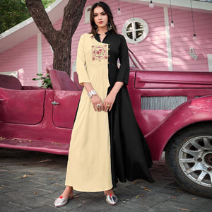 Cream-Black Floral Embroidered Rayon Gown