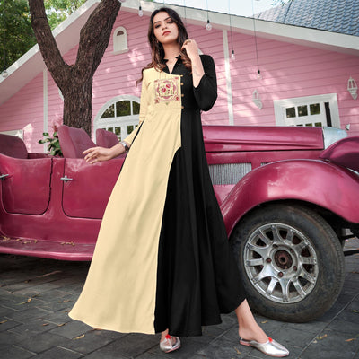 Cream-Black Floral Embroidered Rayon Gown