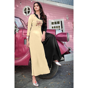 Cream-Black Floral Embroidered Rayon Gown