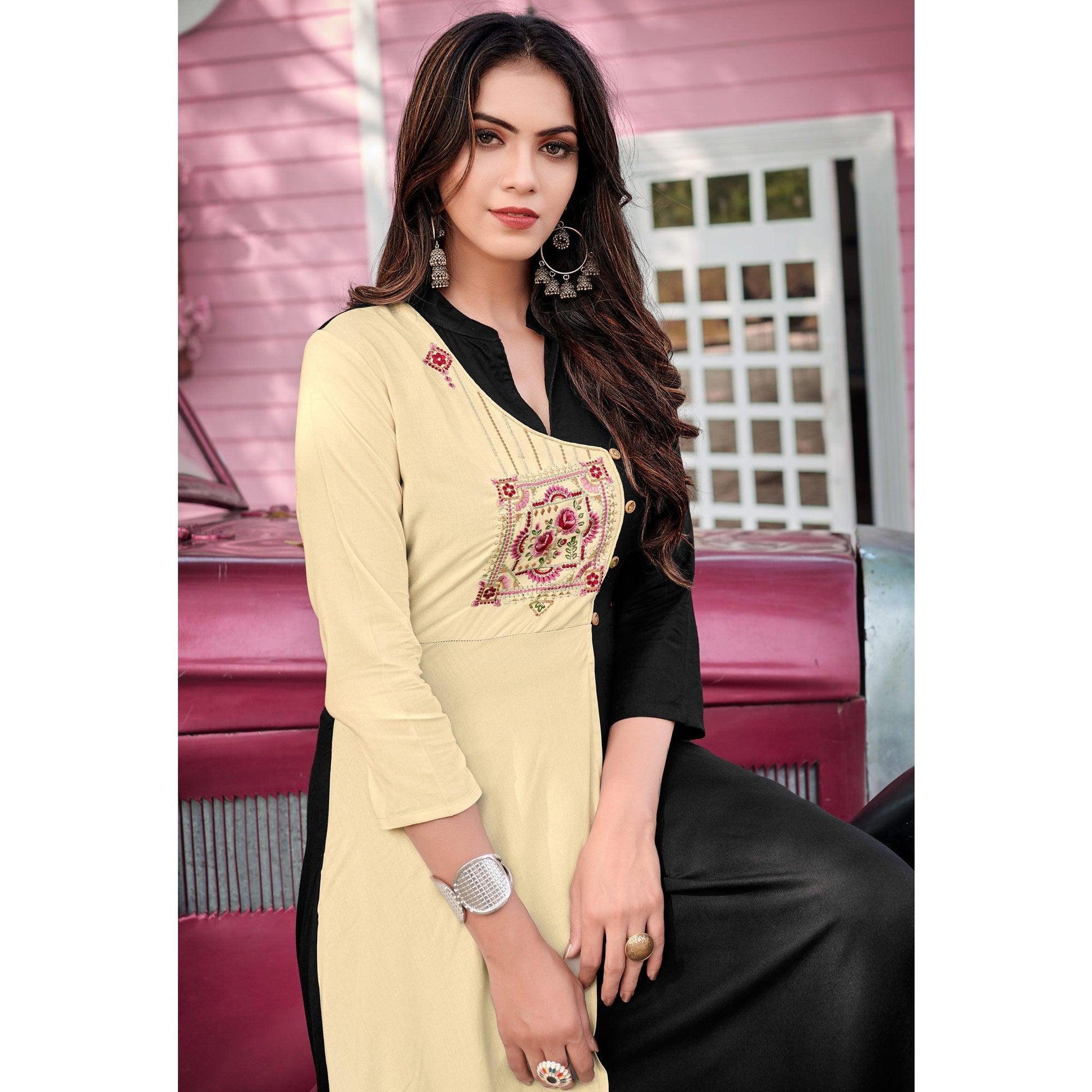 Cream-Black Floral Embroidered Rayon Gown
