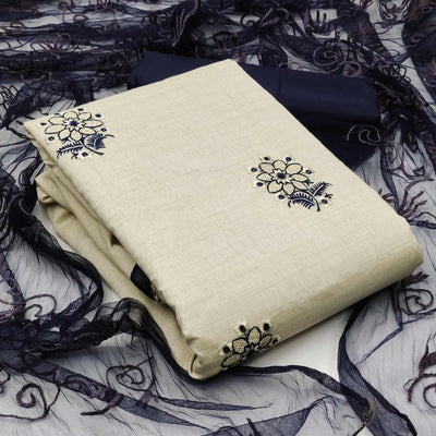 Cream - Blue Casual Wear Floral Embroidered Cotton Dress Material