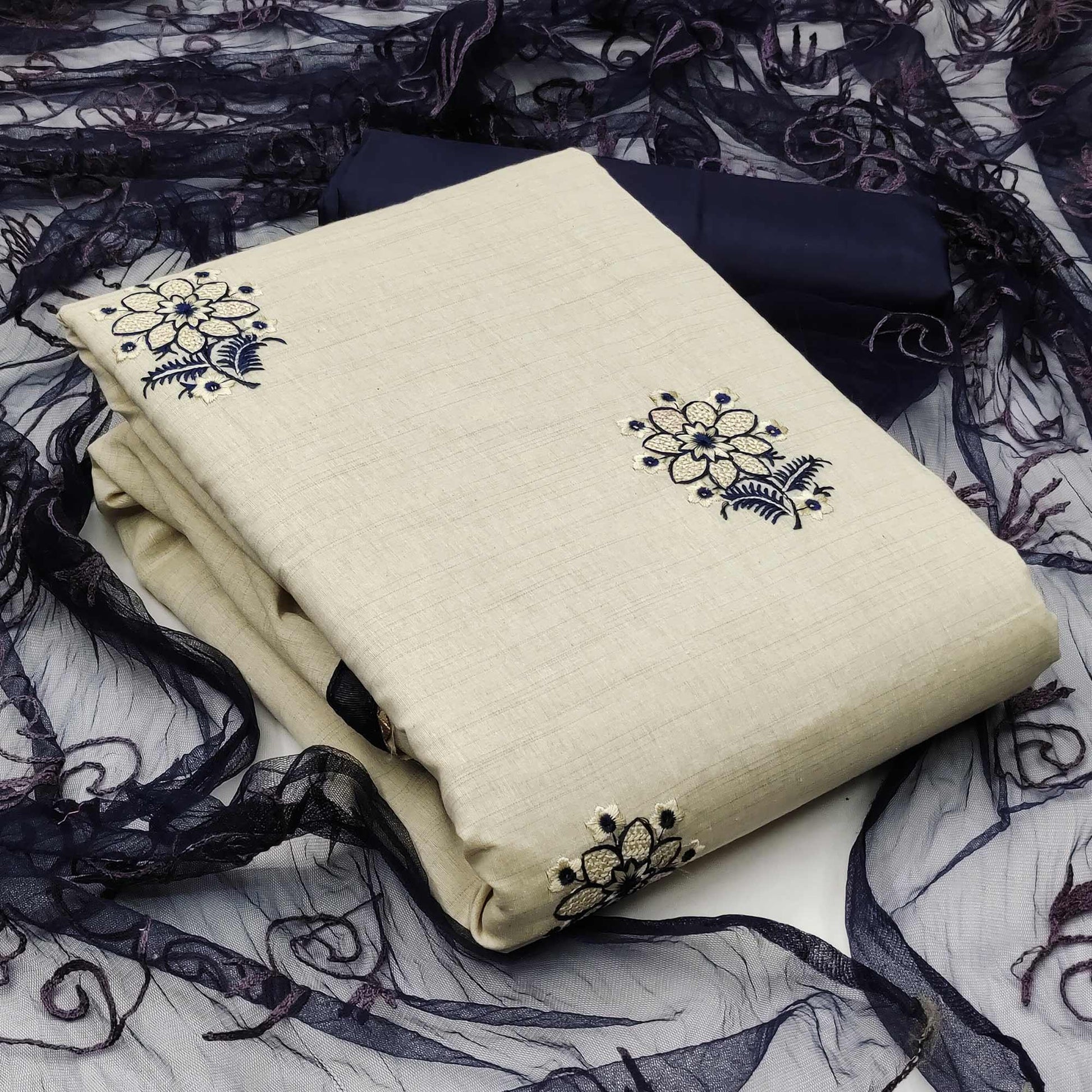 Cream - Blue Casual Wear Floral Embroidered Cotton Dress Material
