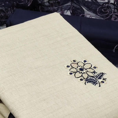 Cream - Blue Casual Wear Floral Embroidered Cotton Dress Material