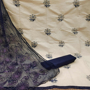 Cream - Blue Casual Wear Floral Embroidered Cotton Dress Material