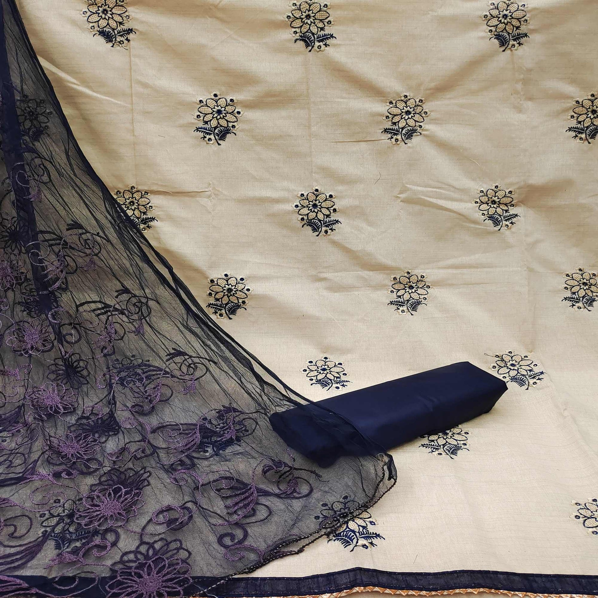 Cream - Blue Casual Wear Floral Embroidered Cotton Dress Material