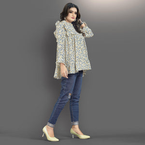 Cream-Blue Casual Wear Floral Printed Lycra Top