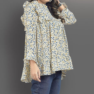 Cream-Blue Casual Wear Floral Printed Lycra Top