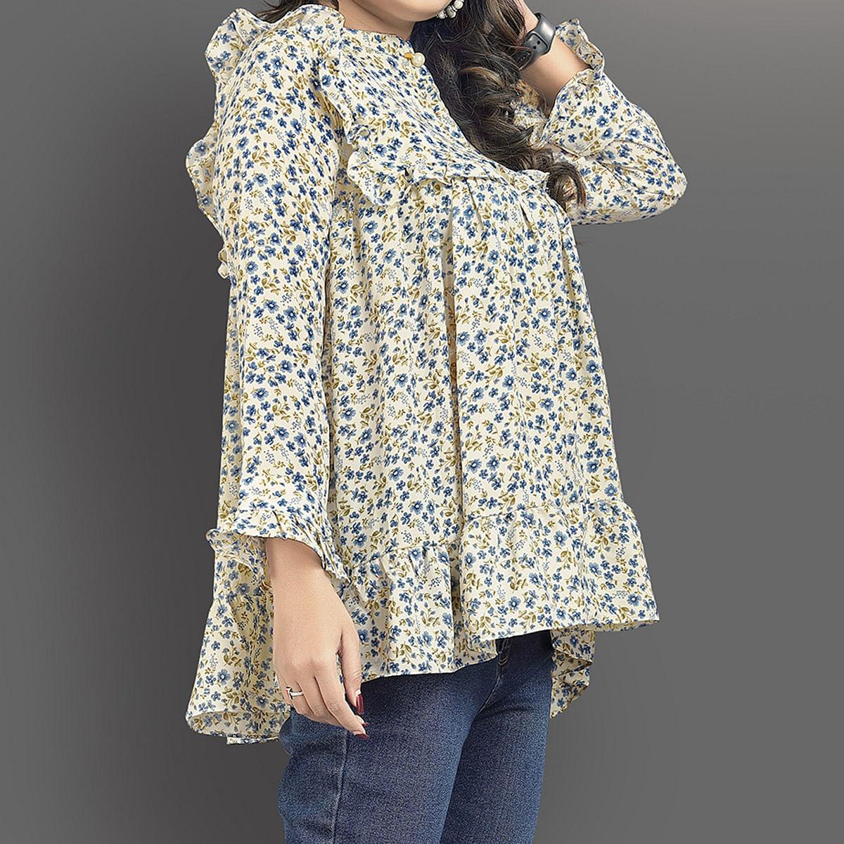 Cream-Blue Casual Wear Floral Printed Lycra Top
