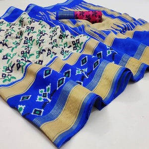Cream-Blue Casual Wear Printed Cotton Saree With Jari Border