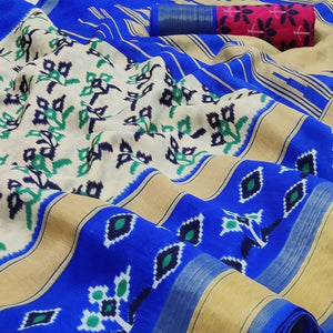 Cream-Blue Casual Wear Printed Cotton Saree With Jari Border