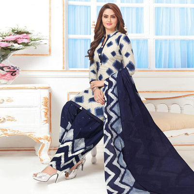 Cream-Blue Casual Wear Printed Crepe Patiala Dress Material