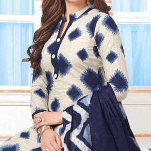 Cream-Blue Casual Wear Printed Crepe Patiala Dress Material