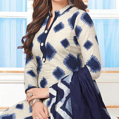Cream-Blue Casual Wear Printed Crepe Patiala Dress Material
