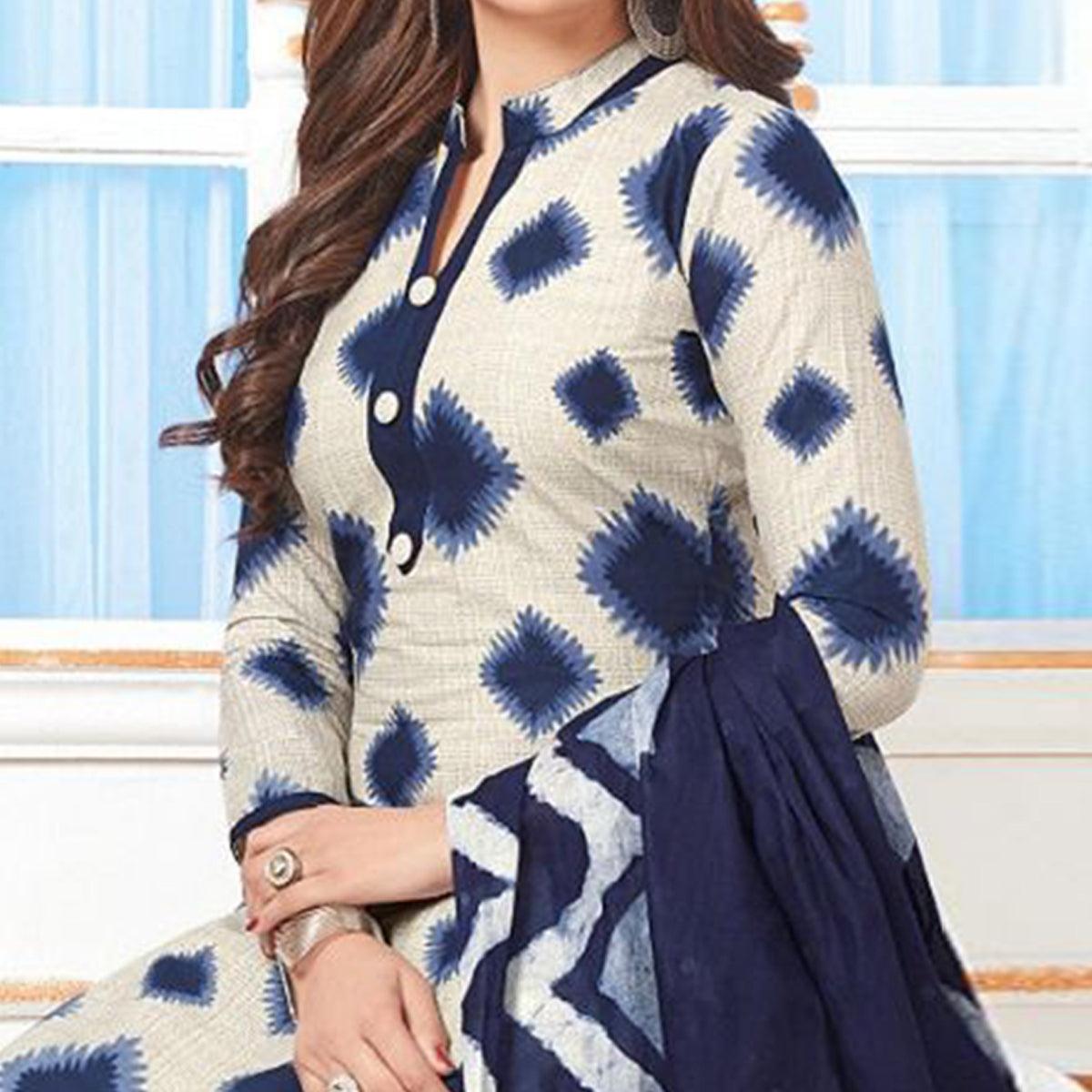 Cream-Blue Casual Wear Printed Crepe Patiala Dress Material