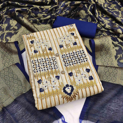 Cream-Blue Embroidered Cotton Blend Dress Material